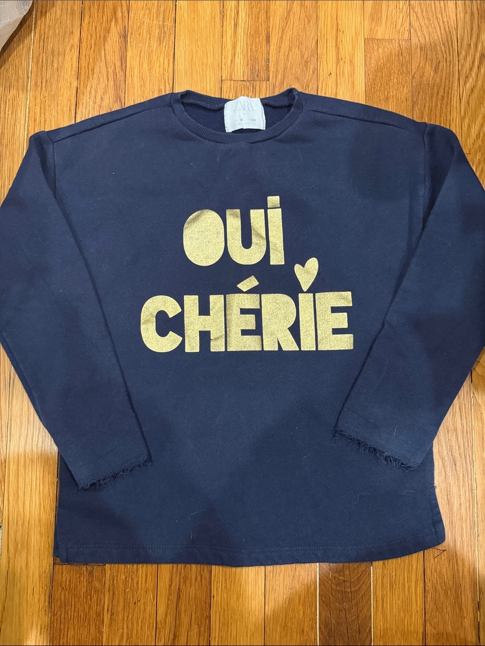 Zara Navy Long-Sleeve Top with Gold 'Oui Chérie' Graphic